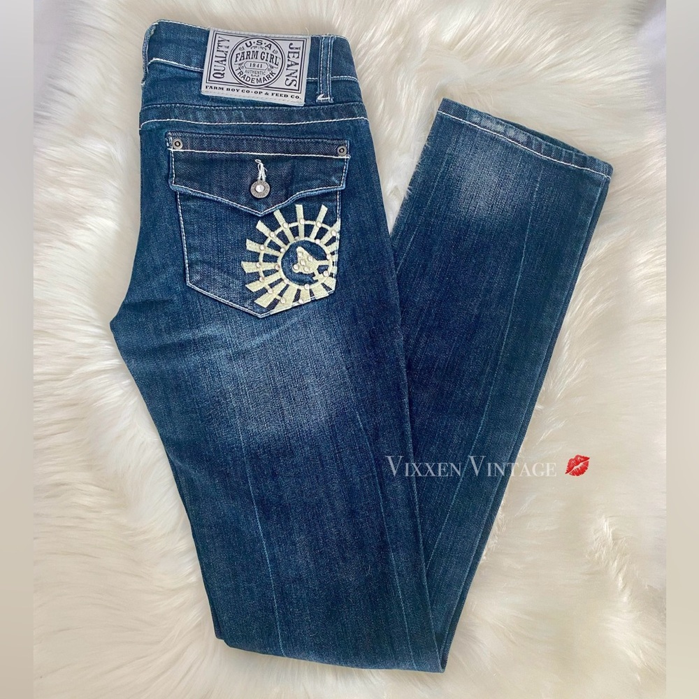 VINTAGE Y2K FARM GIRL BLING FLAP POCKET LOW-RISE BOOTCUT JEANS